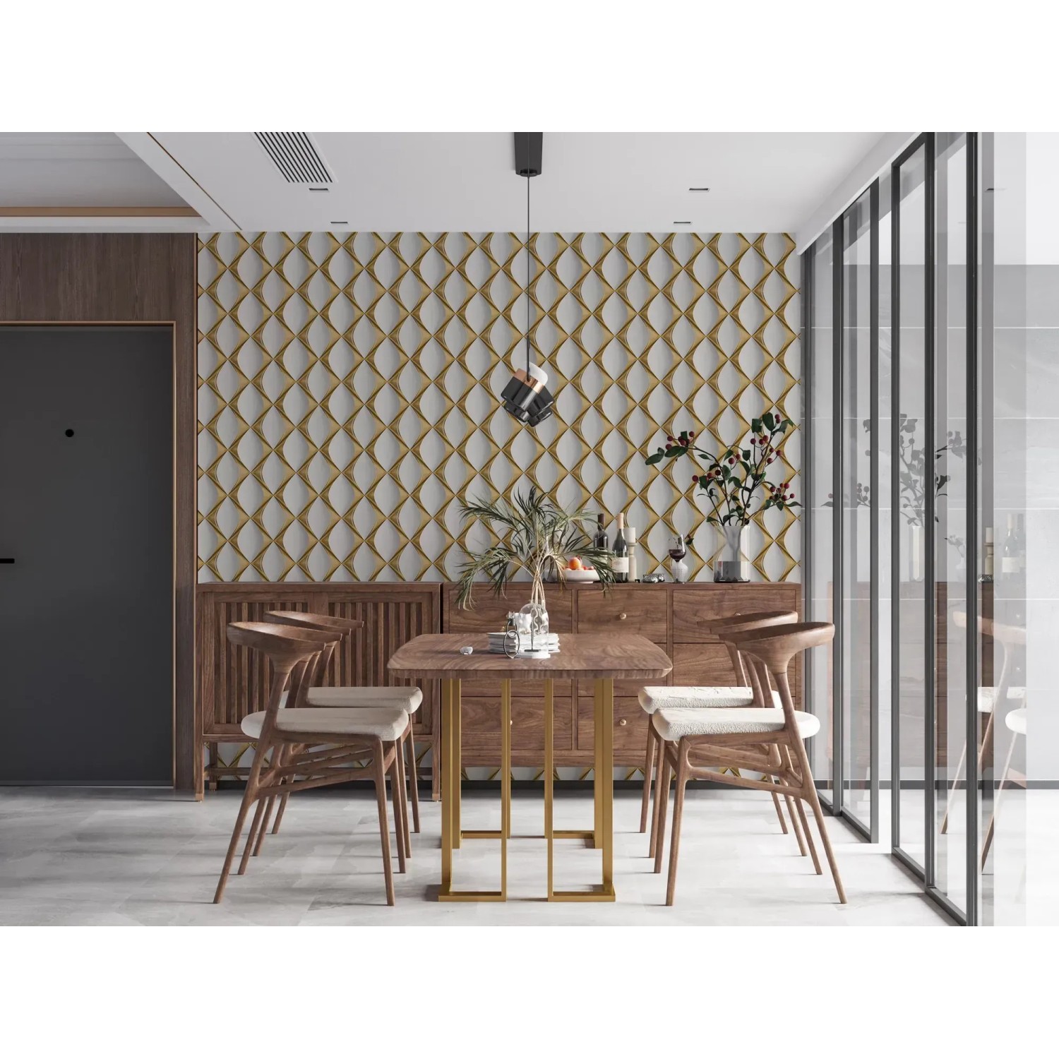 Vliestapete mit 3D-Design in Gold und Weiß, leicht strukturiert. Dekorative Tapete für stilvolle Akzente.