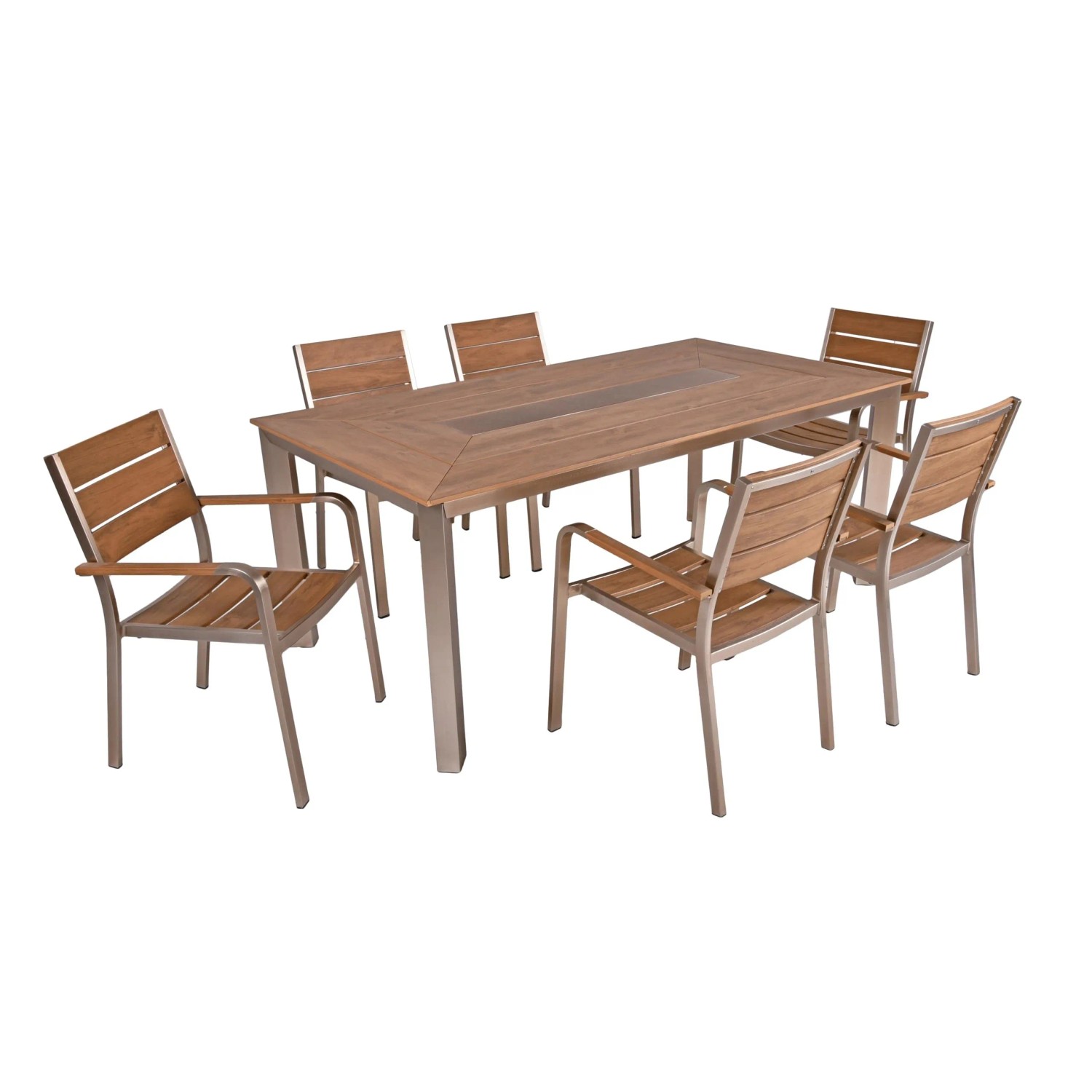DELUKE Garten-Sitzgruppe ARMIN 7-tlg. Kunststoff Braun Teak-Optik Gartenmöbel-Set Garten-Essgruppe Offenen Stapelstühle ...