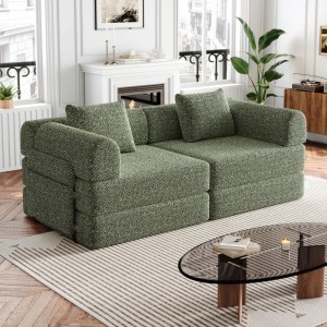Grünes PXloue 2 in 1 Schlafsofa aus Chenille, modular als L-Sofa mit Armlehnen im Wohnzimmer. Bettfunktion.