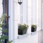 Elho Greenville Blumenkasten, 18,5x69 cm, Living Schwarz, auf einer Fensterbank mit Blumen.