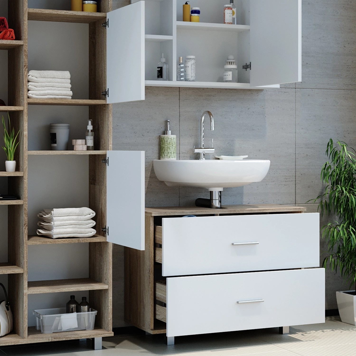 Vicco Badmöbel-Set Ilias, 3-teilig in Sonoma/Weiß mit Unterschrank (80 cm), Spiegelschrank und Hochschrank.
