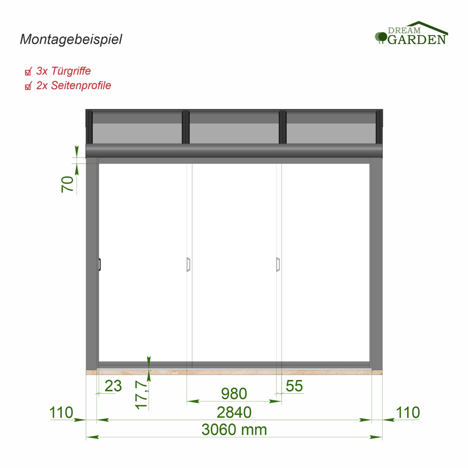 DreamGarden Glasschiebewand 3-türig, anthrazit, klare Scheiben, Maßangaben.