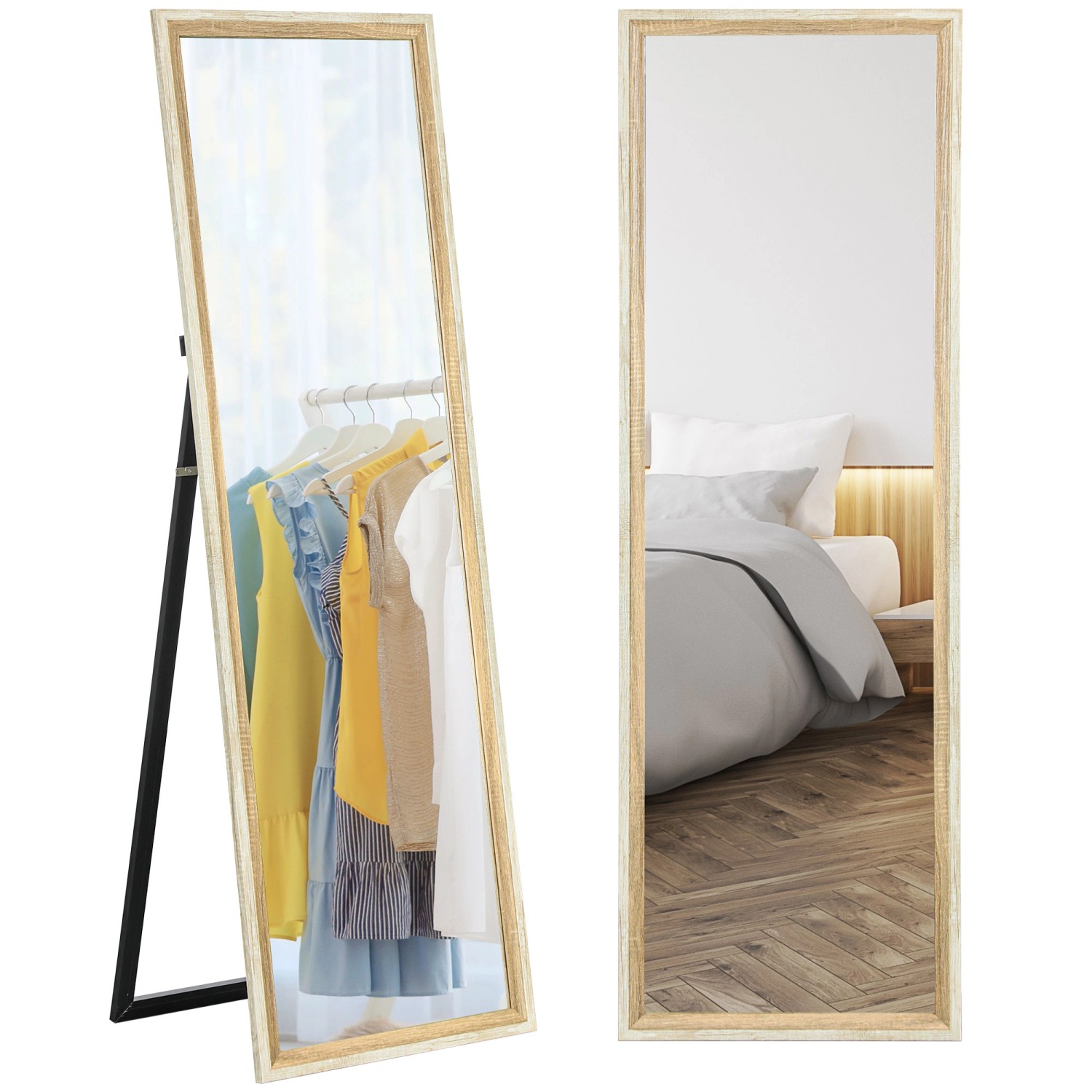 HOMCOM Ganzkörperspiegel Glas MDF 53,3L x 2,5B x 162,6H cm Weiß+Naturholz