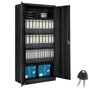 Offener, schwarzer Tectake Aktenschrank aus Stahl mit Ordnern, Schlüsseln und kleinem Safe.