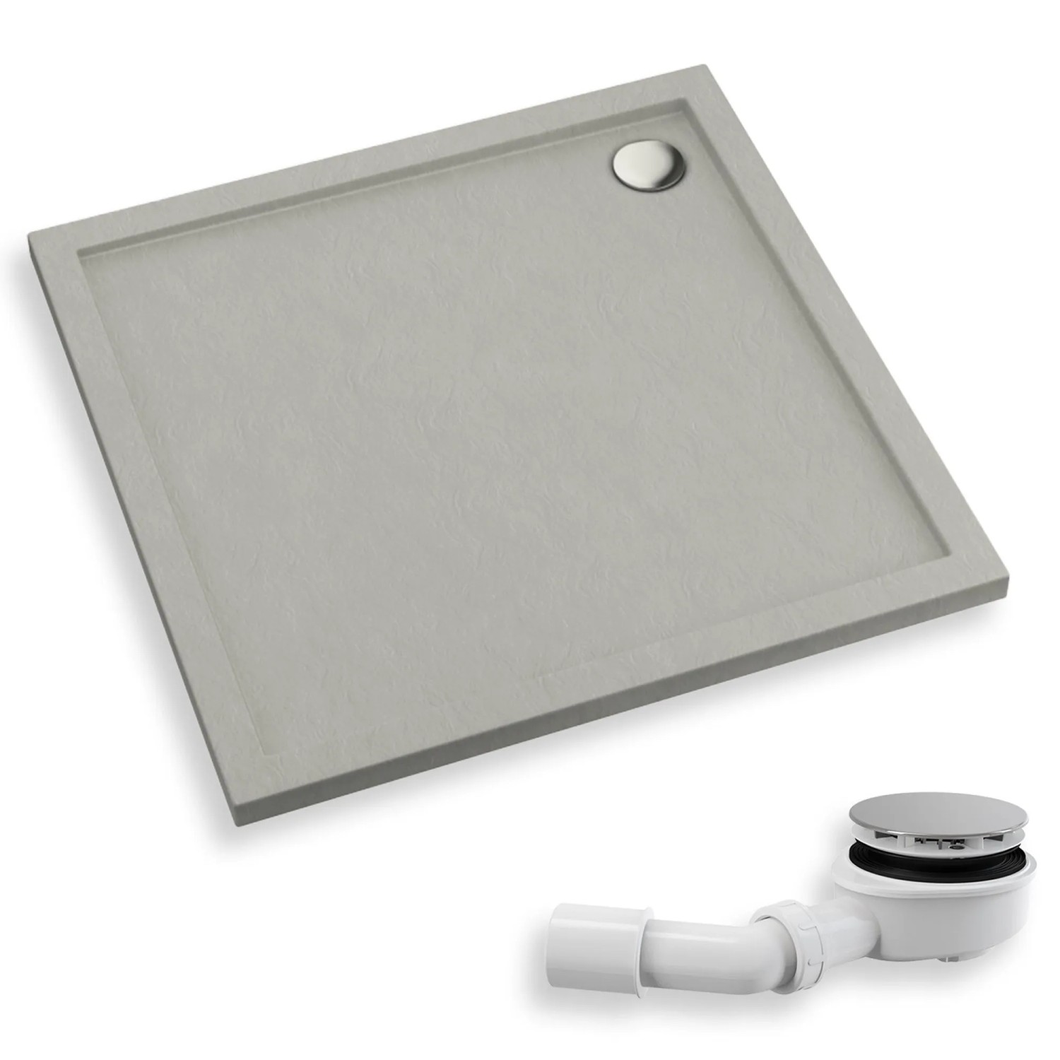 KOLMAN DUSCHWANNE Quadratisch Weiß Steinoptik 80x80 cm Set mit Ablaufgarnitur