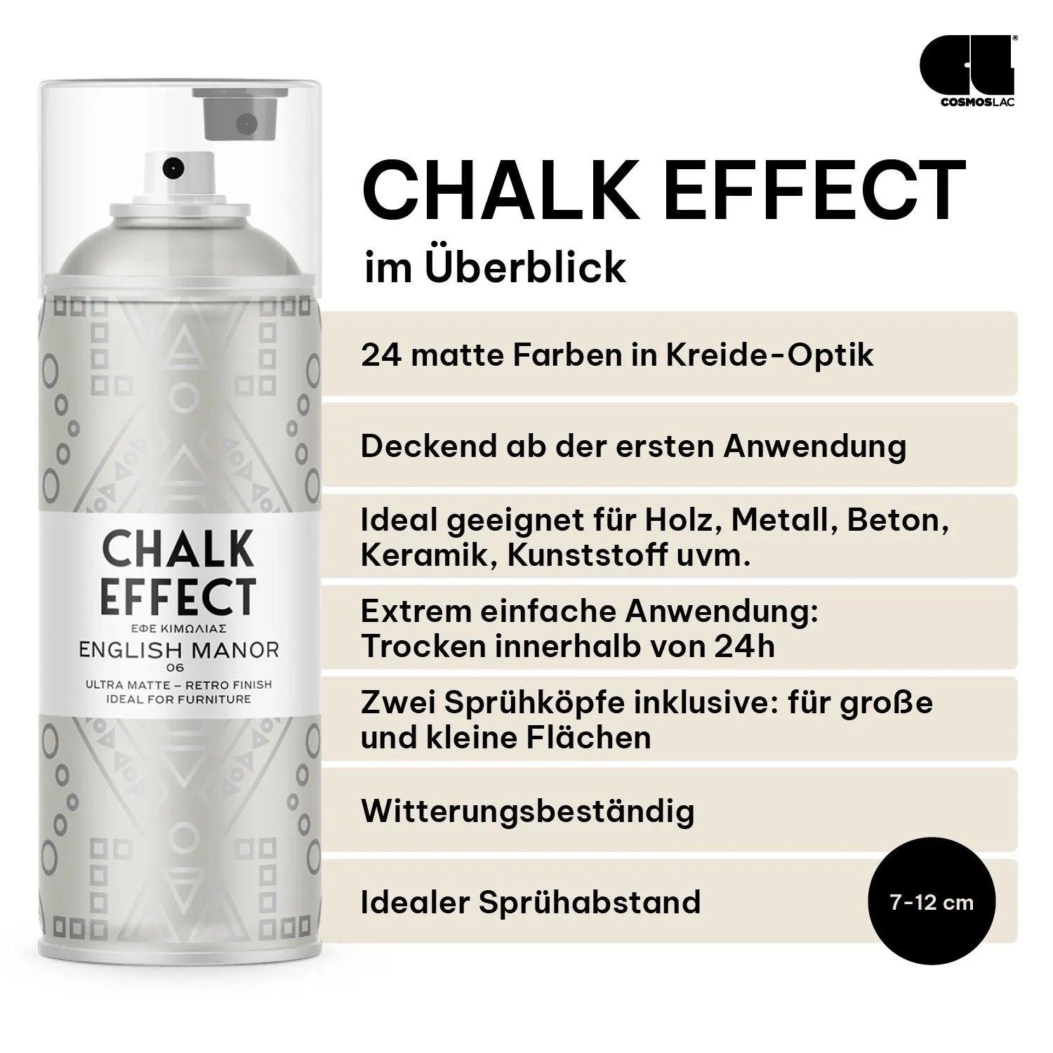 COSMOS LAC Kreidefarbe Spray Chalk Effect English Manor Grau. Matte Sprühdose für Möbel & Deko, mit zwei Sprühköpfen für präzise Anwendung.