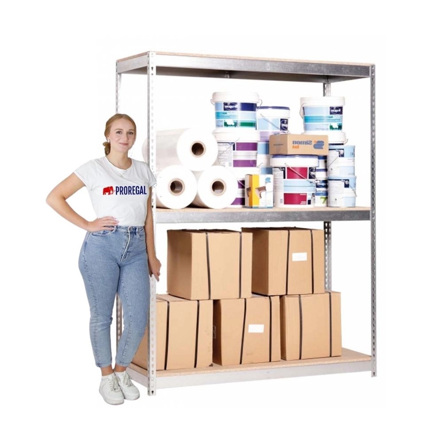 Belastbares, verzinktes Schwerlastregal Wood Beast mit drei Ebenen, beladen mit Farbeimern und Kartons.