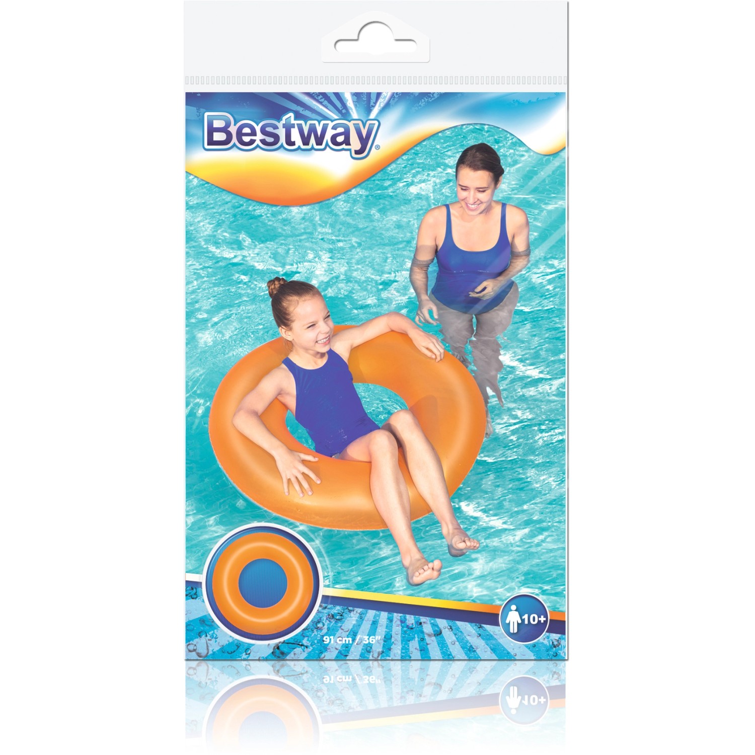 Bestway Schwimmring Frosted, Ø 80cm, orange, mit Kind im Wasser. Ideal für Badespaß und Schwimmübungen.