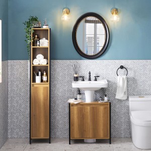 SoBuy Waschbeckenunterschrank BZR63-II-PF, 60 cm, braun, mit 2 Türen im Badezimmer.