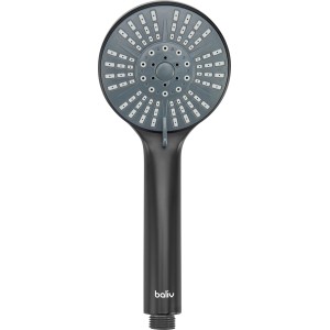 Mattschwarze baliv Handbrause mit rundem Kopf, grauer Strahlscheibe und Wassersparfunktion für Duschbrausesets.