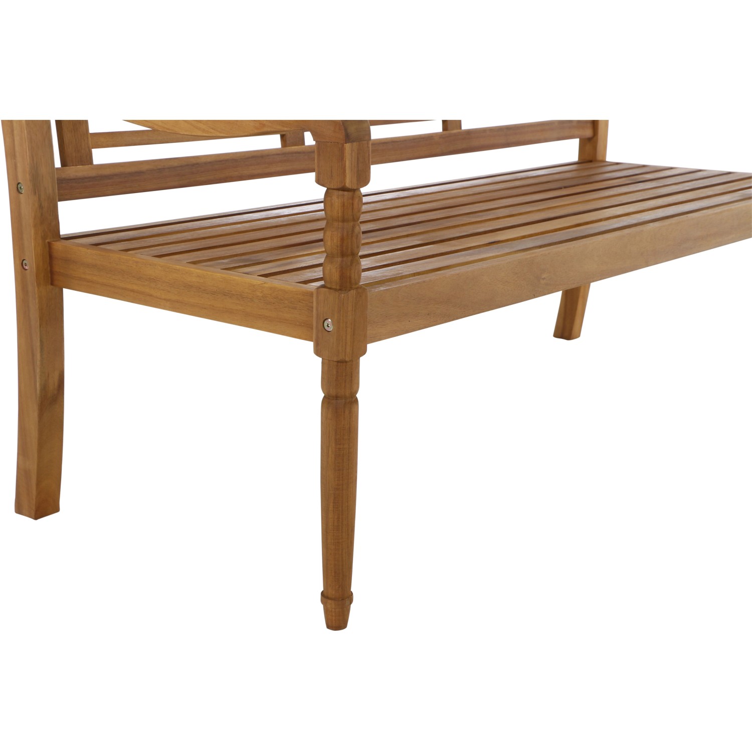 Detailansicht der Siena Garden Bank Westport, einer 3-Sitzer Gartenbank aus Akazienholz.