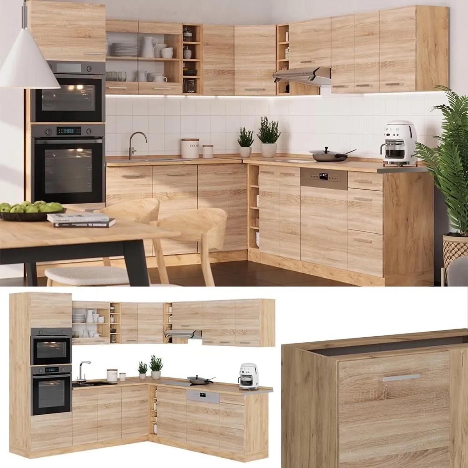 Vicco Eckküche R-Line Sonoma/Goldkraft Eiche 247 x 82, AP Eiche