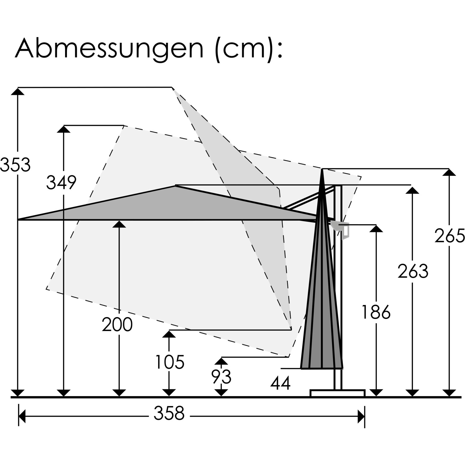 Skizze des Schneider Ampelschirm Rhodos Twist Loft 300x300 cm mit Maßangaben.