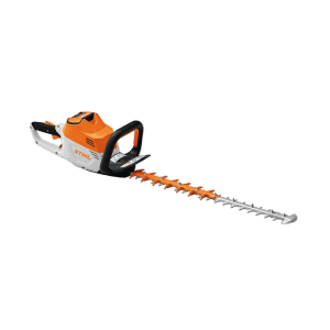 Stihl Akku-Heckenschere HSA 100 in Orange-Grau mit langem Schneidmesser. Effizientes Gerät für professionelle Heckenschnitte.