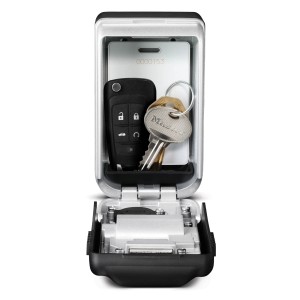 Offener Master Lock Schlüsseltresor 5425EURD zur Wandmontage mit Schlüssel und Schlüsselkarte.