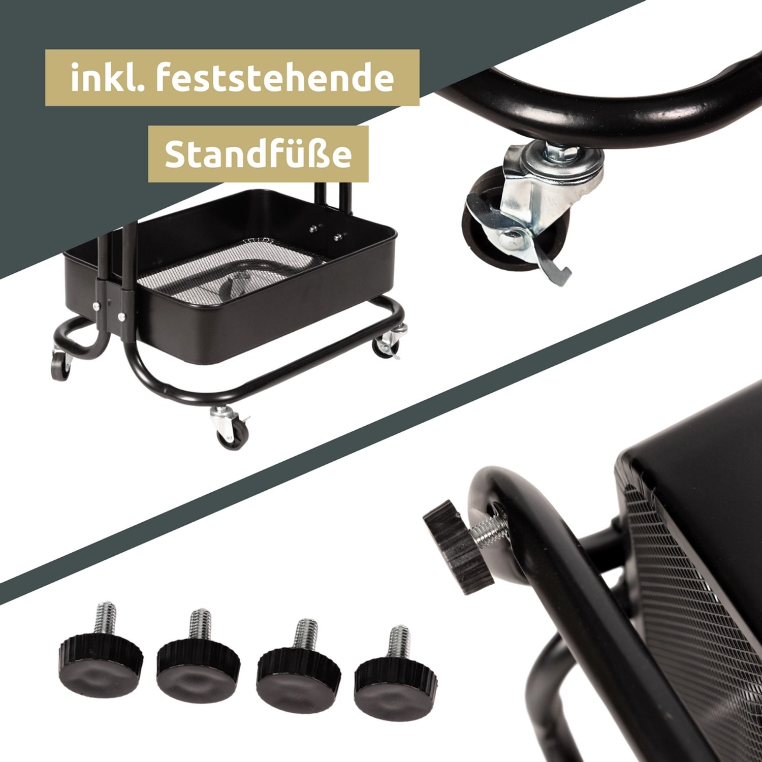 deluxe4home Rollwagen mit 3 Ablagen, Detailaufnahme von Rollen und Standfüßen.