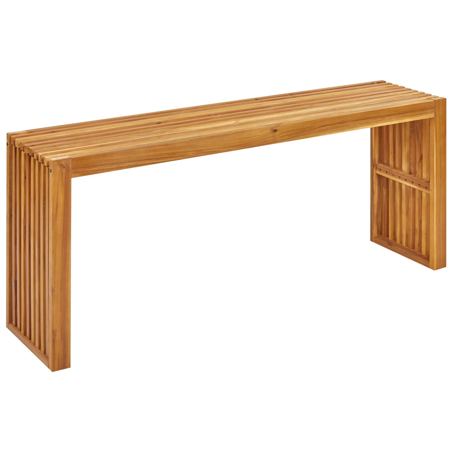 Schmaler, rechteckiger Beliani Gartentisch BELLANO aus hellem Akazienholz mit Lattenstruktur.
