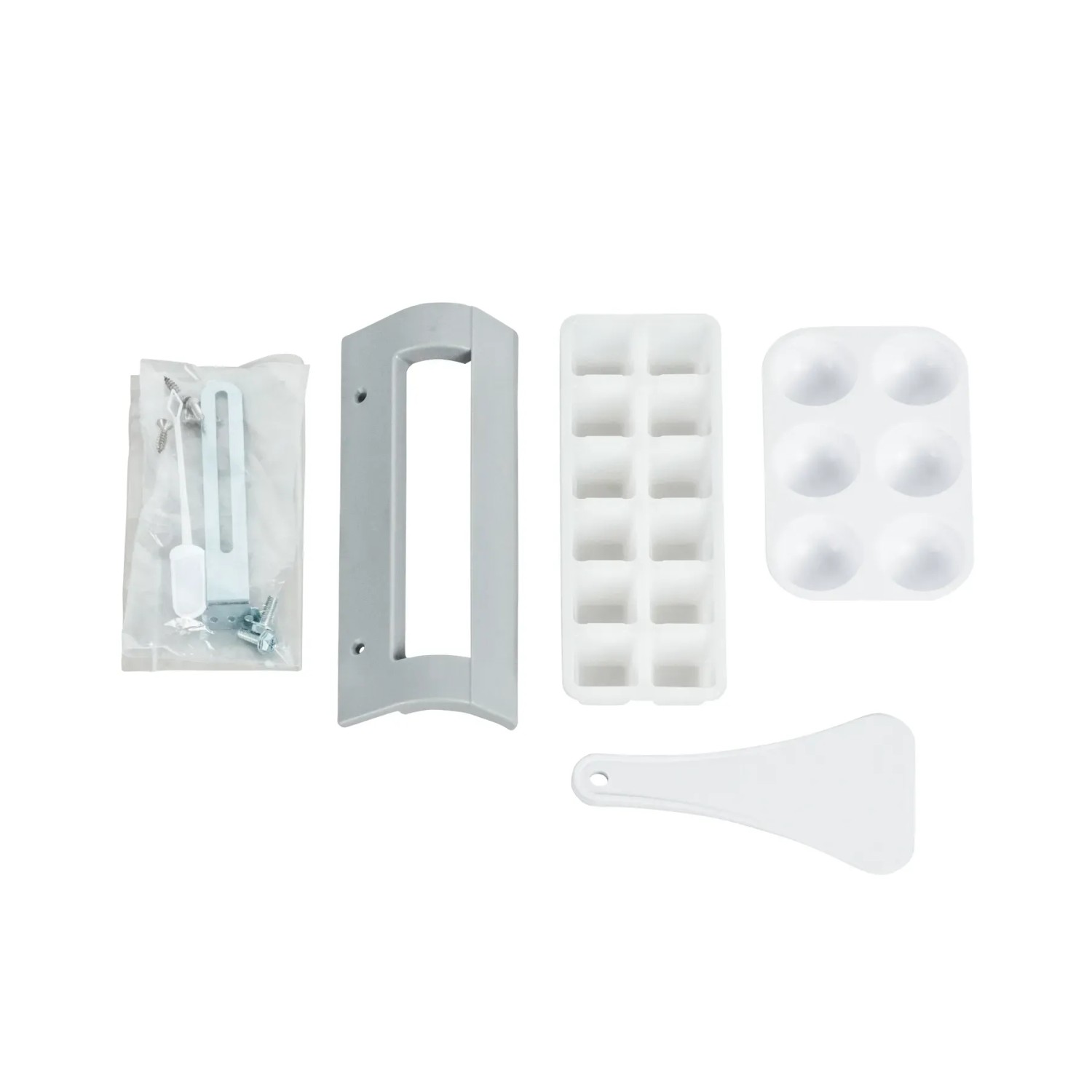 Zubehör für Respekta Unterbaukühlschrank: Eiswürfelbereiter, Eierablage, Türanschlag-Montageteile.