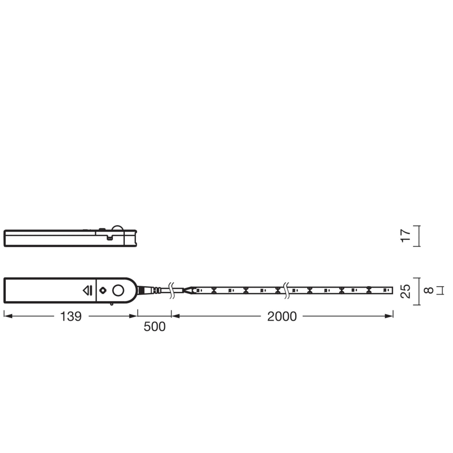Technische Zeichnung: Ledvance LED-Streifen Flex Sensor, batteriebetrieben, 200 cm lang.