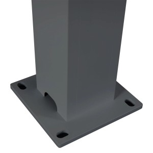Detailaufnahme: Anthrazitfarbener Standfuß einer MCW Pergola L46 mit Montagebohrungen.