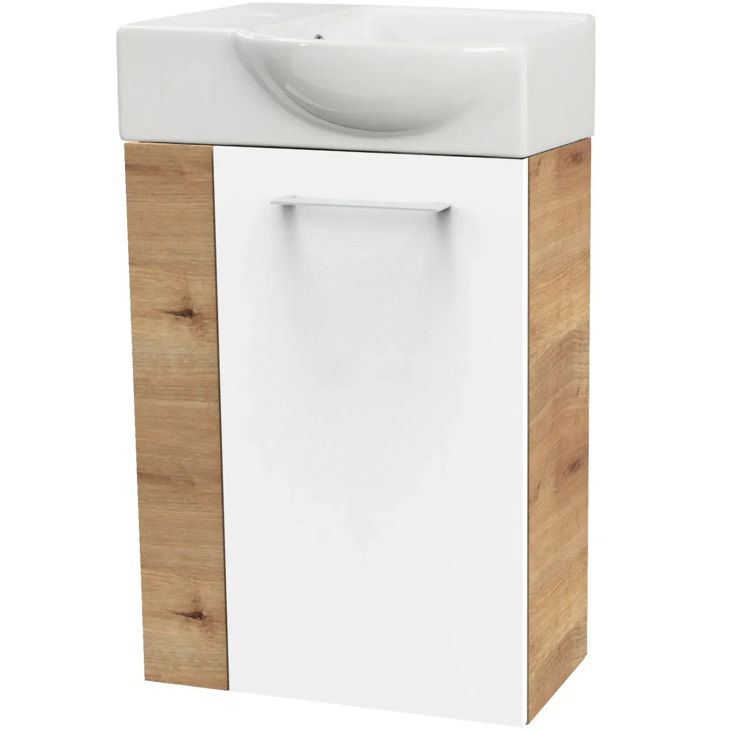 Fackelmann Waschbeckenunterschrank SBC Asteiche, 44 cm breit, mit weißer Front und Griff.