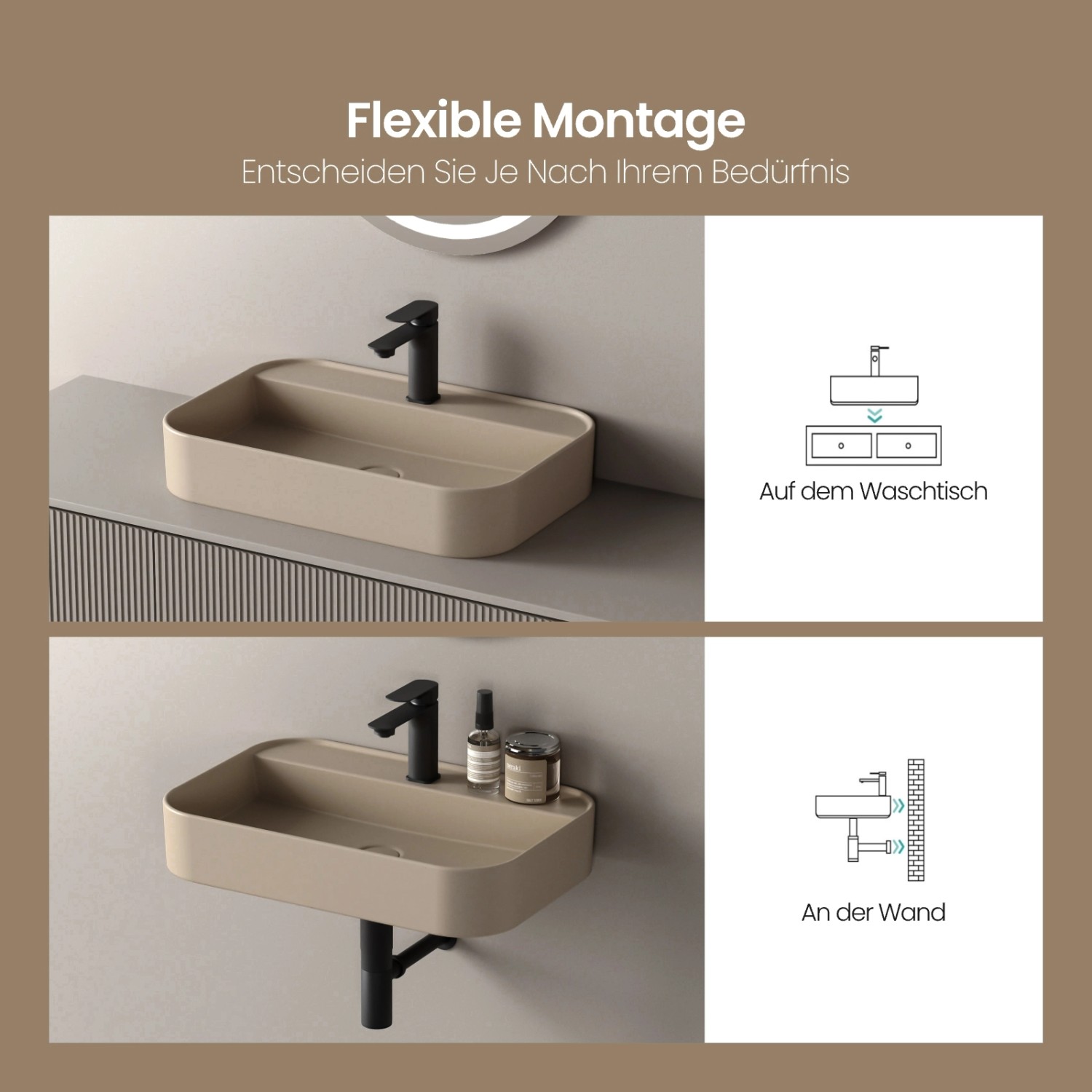 Emke Aufsatzwaschbecken, mattbeige, abgerundetes Rechteck, flexible Montage auf Waschtisch oder Wand.