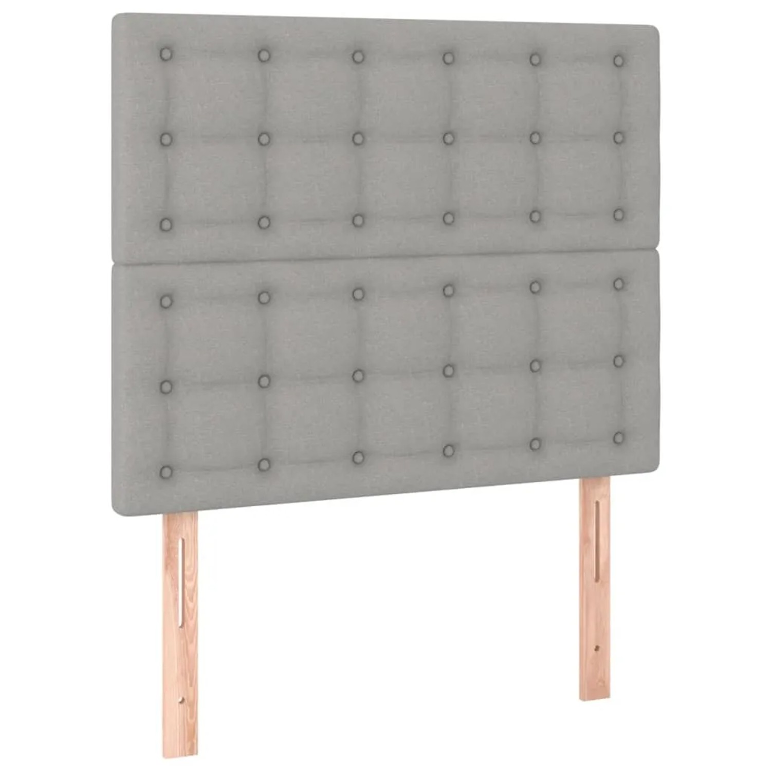 Hellgraues Boxspringbett Kopfteil mit Stoffbezug und Knopfheftung.