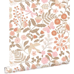 ESTAhome Tapete Blumen und Vögel Terrakotta Taupe und Rosa 53 cm x 10.05 m