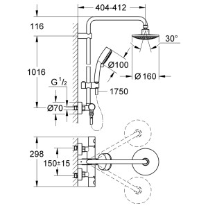 Technische Zeichnung: Grohe Tempesta Cosmopolitan 160 Duschsystem mit Thermostatbatterie, Maße und Details.