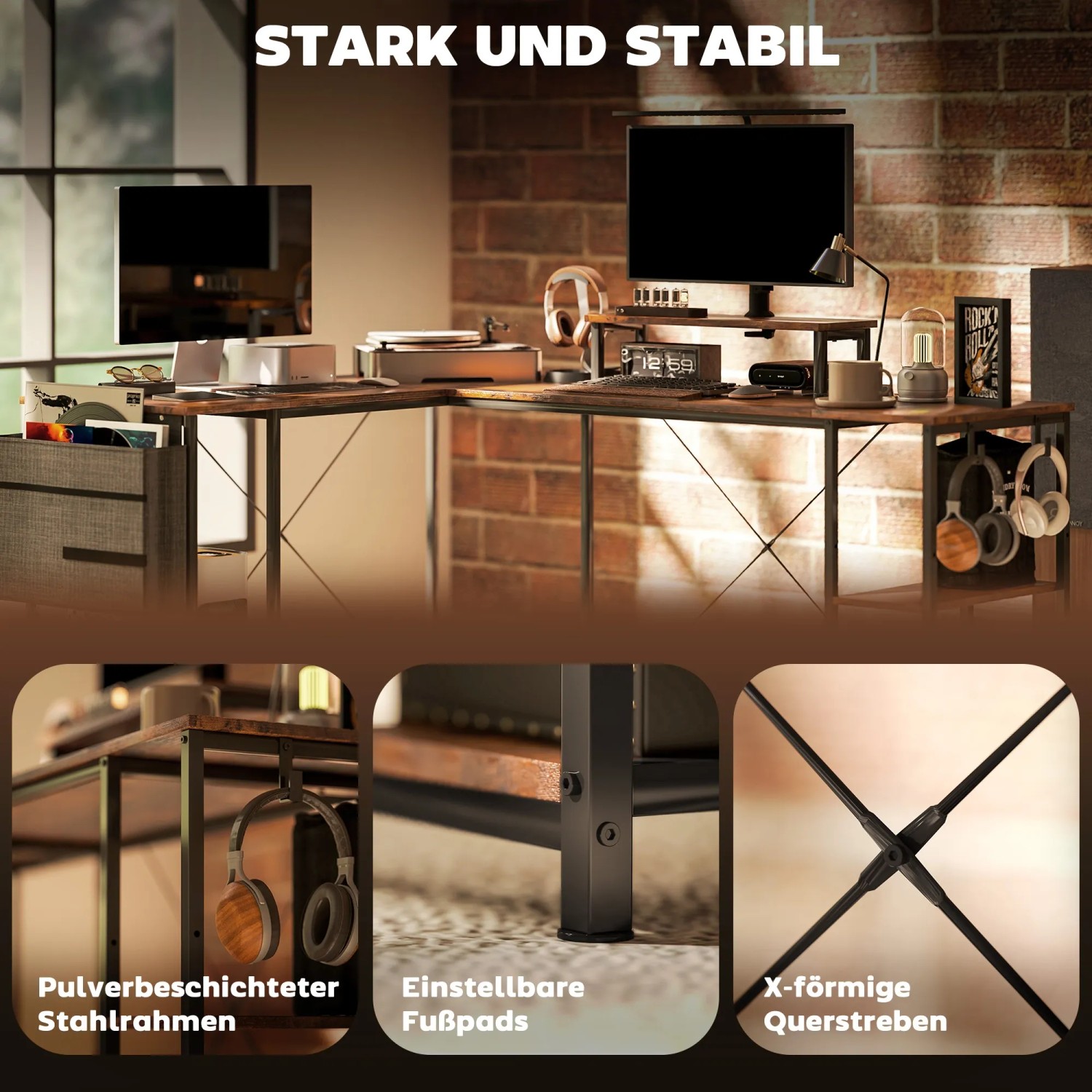 L-förmiger Schreibtisch von HOMCOM in Rustikal-Braun mit Stahlrahmen. Ideal für Büro und Gaming.