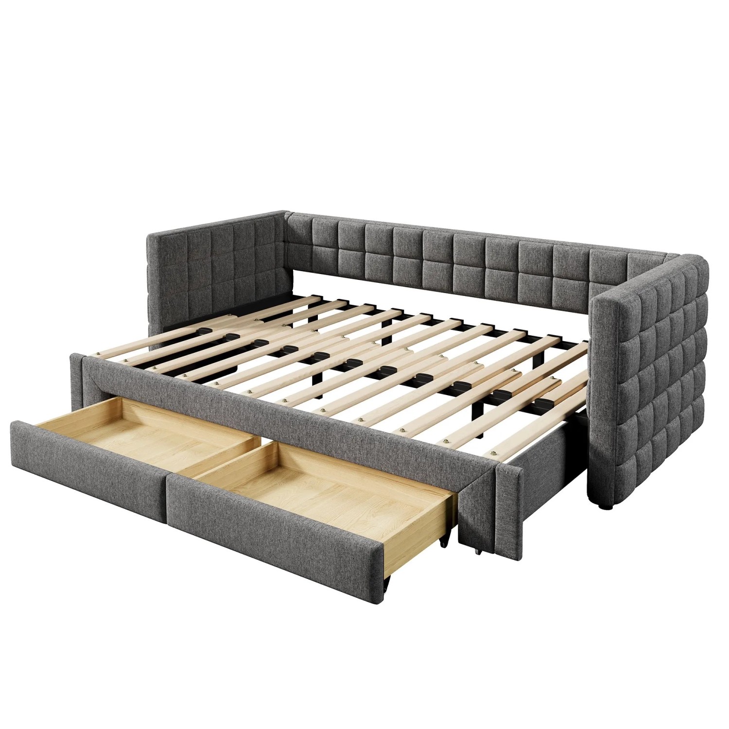 KOMHTOM Tagesbett 90x200Cm Sofabett Mit Quadratischer Rückenlehne Ausziehbares Bett Und 2 Schubladen Grau Ohne Matratze