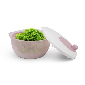 Rosa ProHome Salatschleuder (4L, Ø25cm) mit Salat und weißem Deckel. Küchenutensil für knackige Salate.