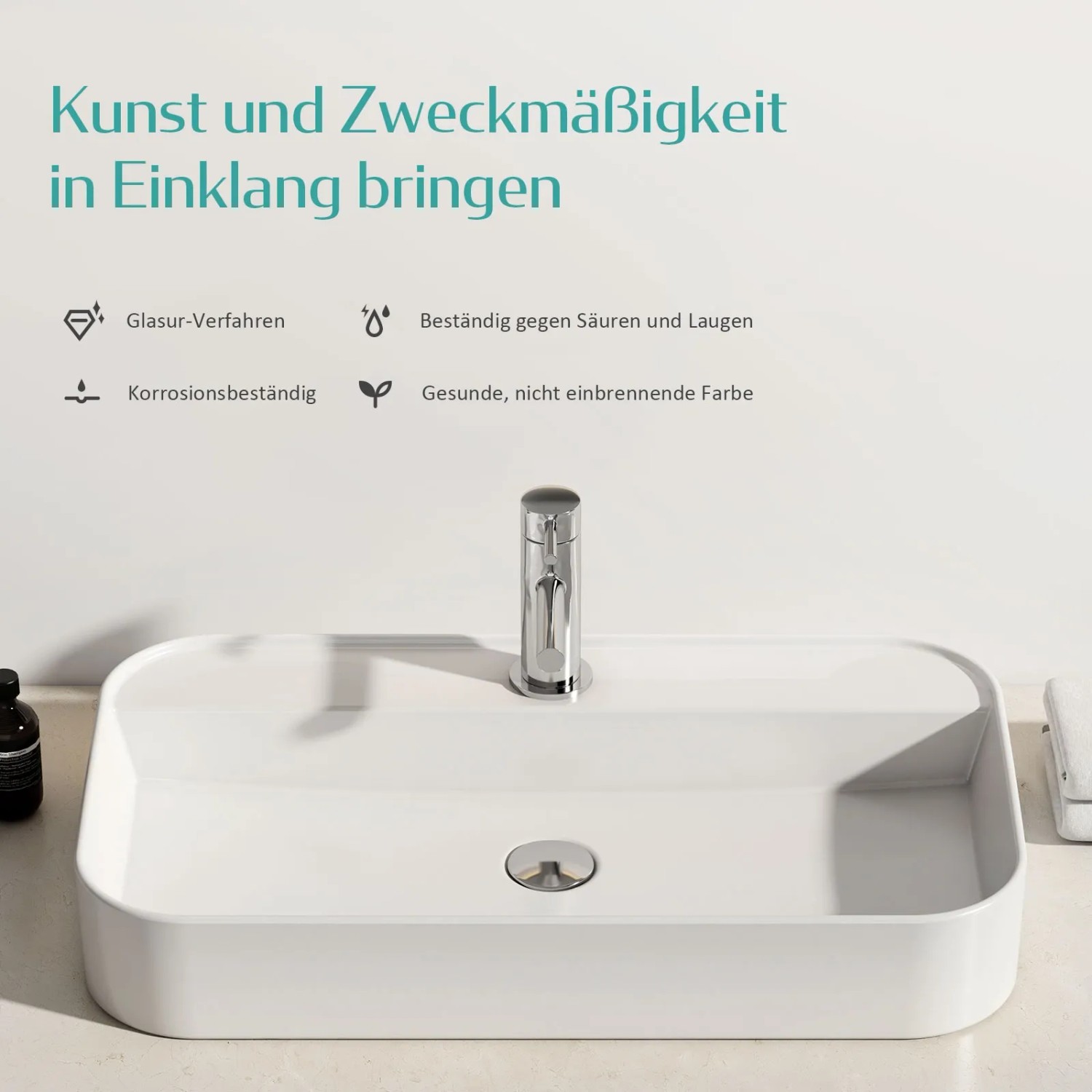 Emke Handwaschbecken, eckig, 70x40 cm, Keramik Aufsatzwaschbecken mit Hahnloch für Bad.