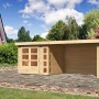 Karibu Holz-Gartenhaus Sölve, naturbelassen mit Flachdach und Anbau. Ideal als Gerätehaus oder Gartenlaube.