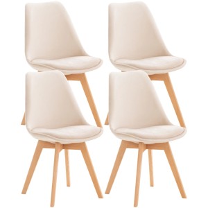 4er Set Esszimmerstuhl Linares: beige Samtstühle mit hellen Holzbeinen. Modern & komfortabel.
