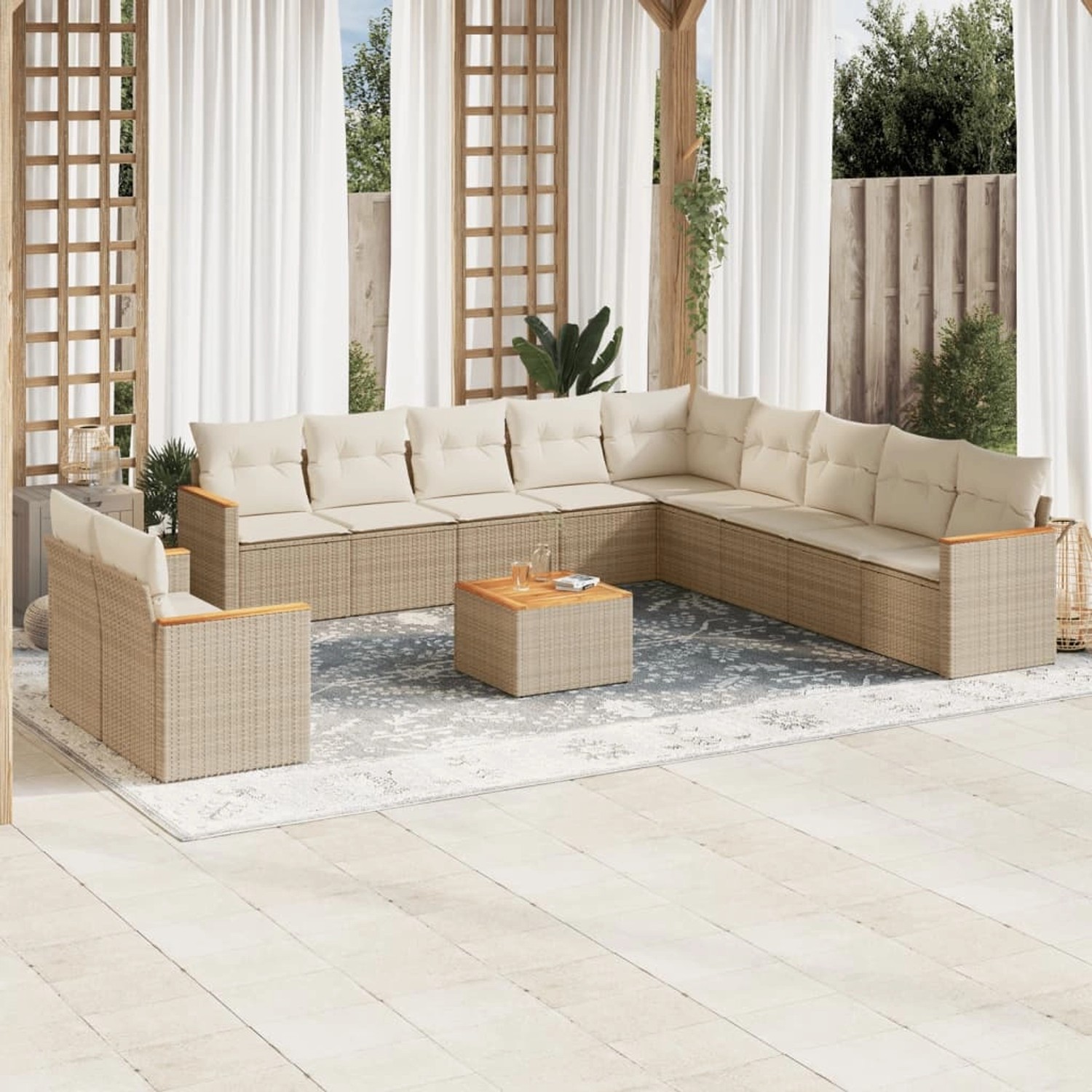 Beige vidaXL Garten-Sofagarnitur (12-tlg) aus Poly Rattan mit Kissen. Gartenmöbel-Set mit Tisch und Ecksofa.