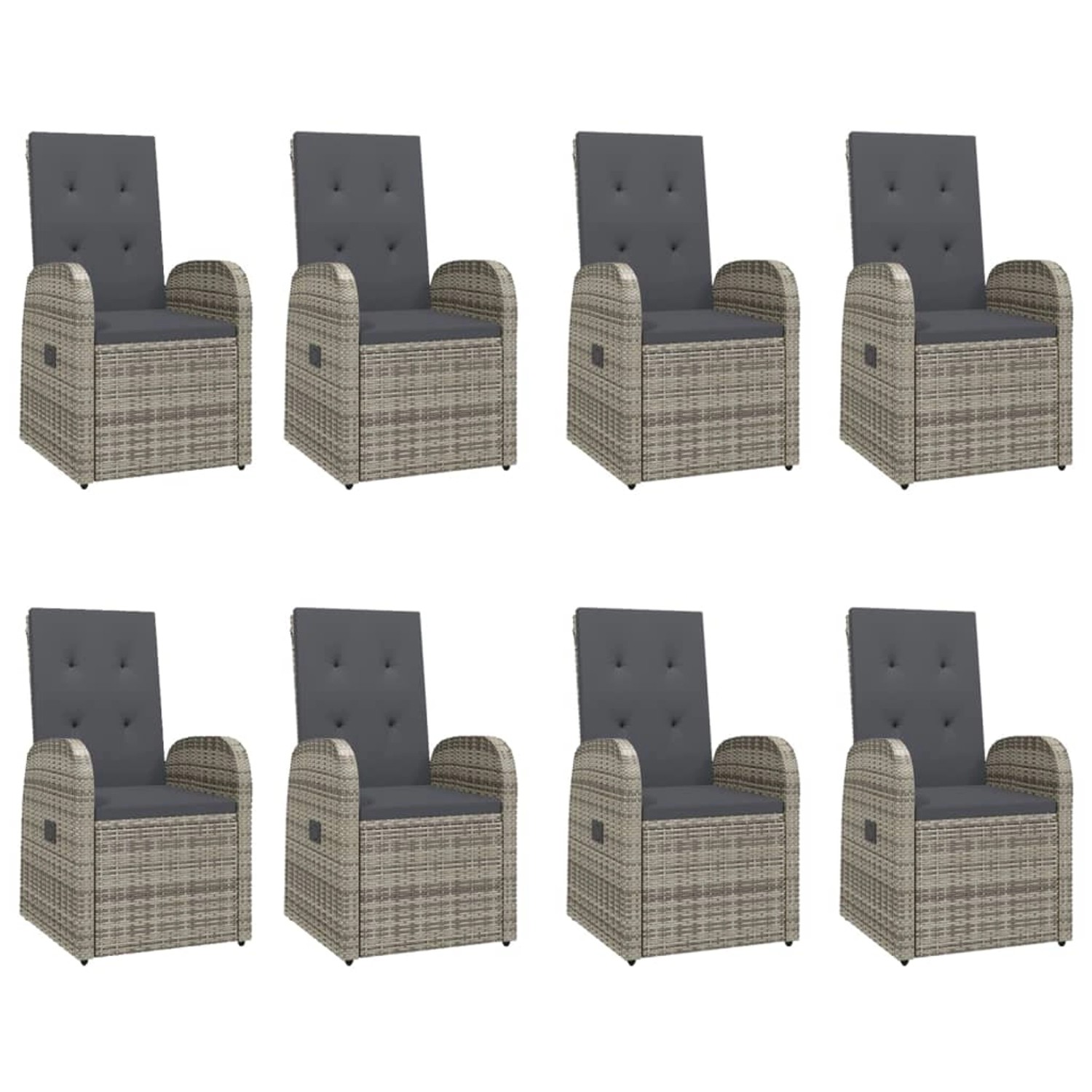 9-teilige Garten-Essgruppe aus grauem Poly Rattan mit dunklen Kissen.