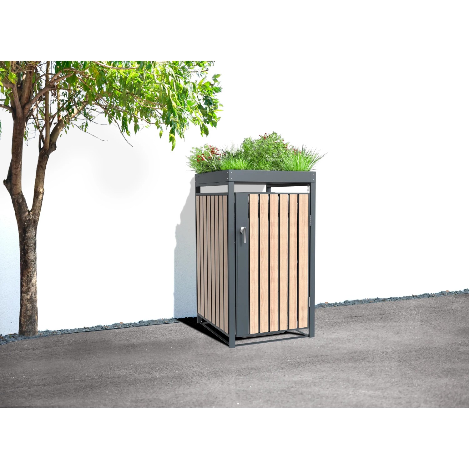 Westmann Mülltonnenbox Planta für 1x240L Tonne, anthrazit mit Holzoptik und Pflanzdach.