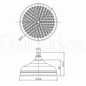 Technische Zeichnung: PaulGurkes Kopfbrause für Duschset, Maße und Details zur Installation.