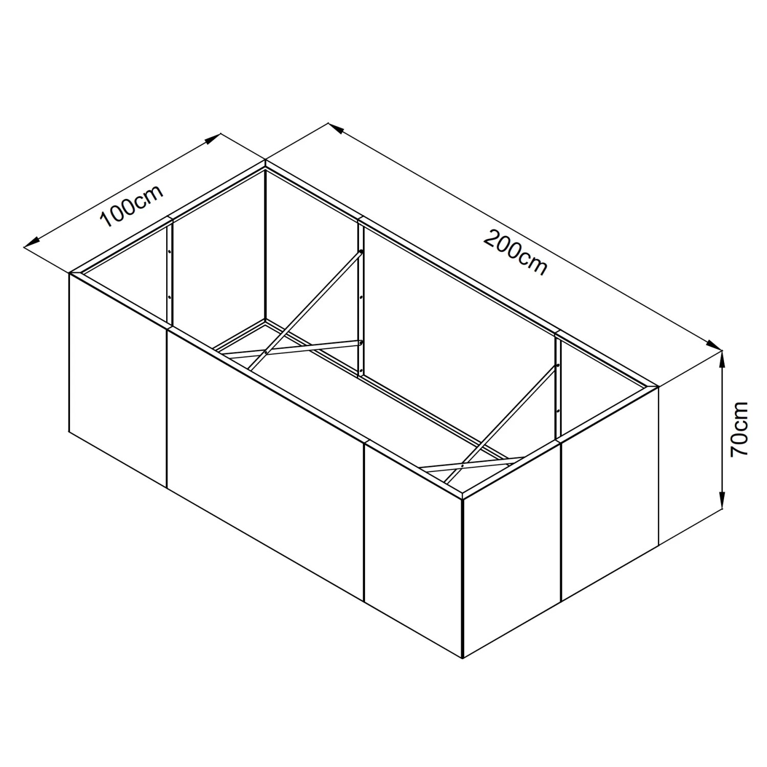 Skizze Floraworld Hochbeet Cortenstahl, 200x100x70 cm, mit Maßangaben.