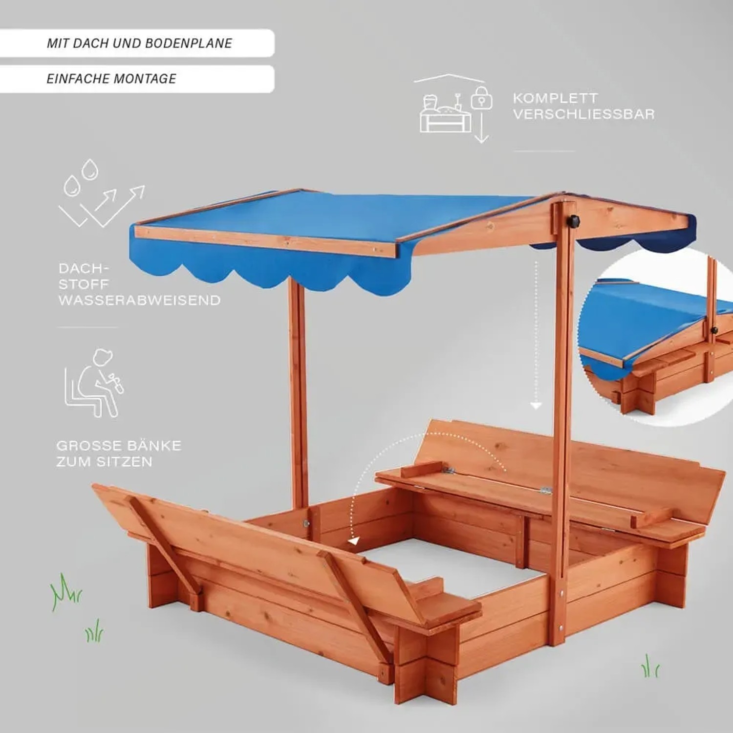 Home Deluxe Sandkasten Buddelkiste mit Dach und Sitzbänken, die als Abdeckung dienen.
