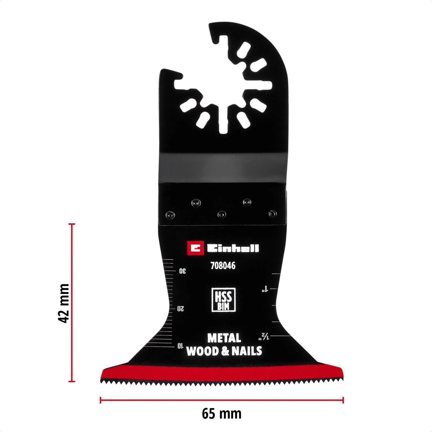 Einhell HSS BiM Tauchsägeblatt 65x42mm für Multifunktionswerkzeuge. Gekrümmte Schneide, schwarz-rot, schneidet Holz, Metall, Nägel.