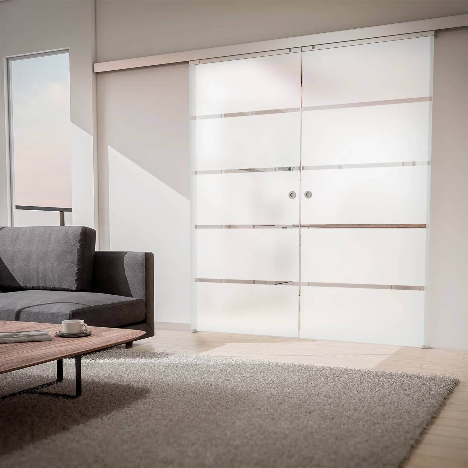 inova Glasschiebetür mit Blockstreifen, Komplettset mit Softclose für sanftes Schließen.