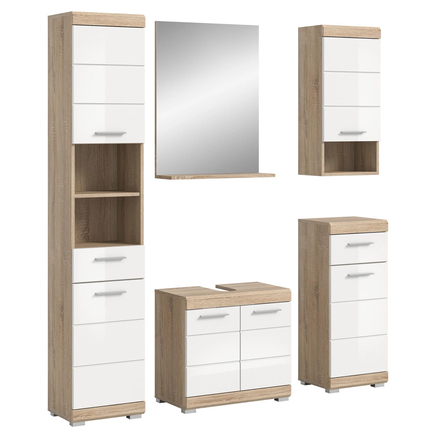 Badkombi Lambada m. Spiegel Eiche Hell/Weiß Hochglanz 164 cm 5-tlg. günstig online kaufen