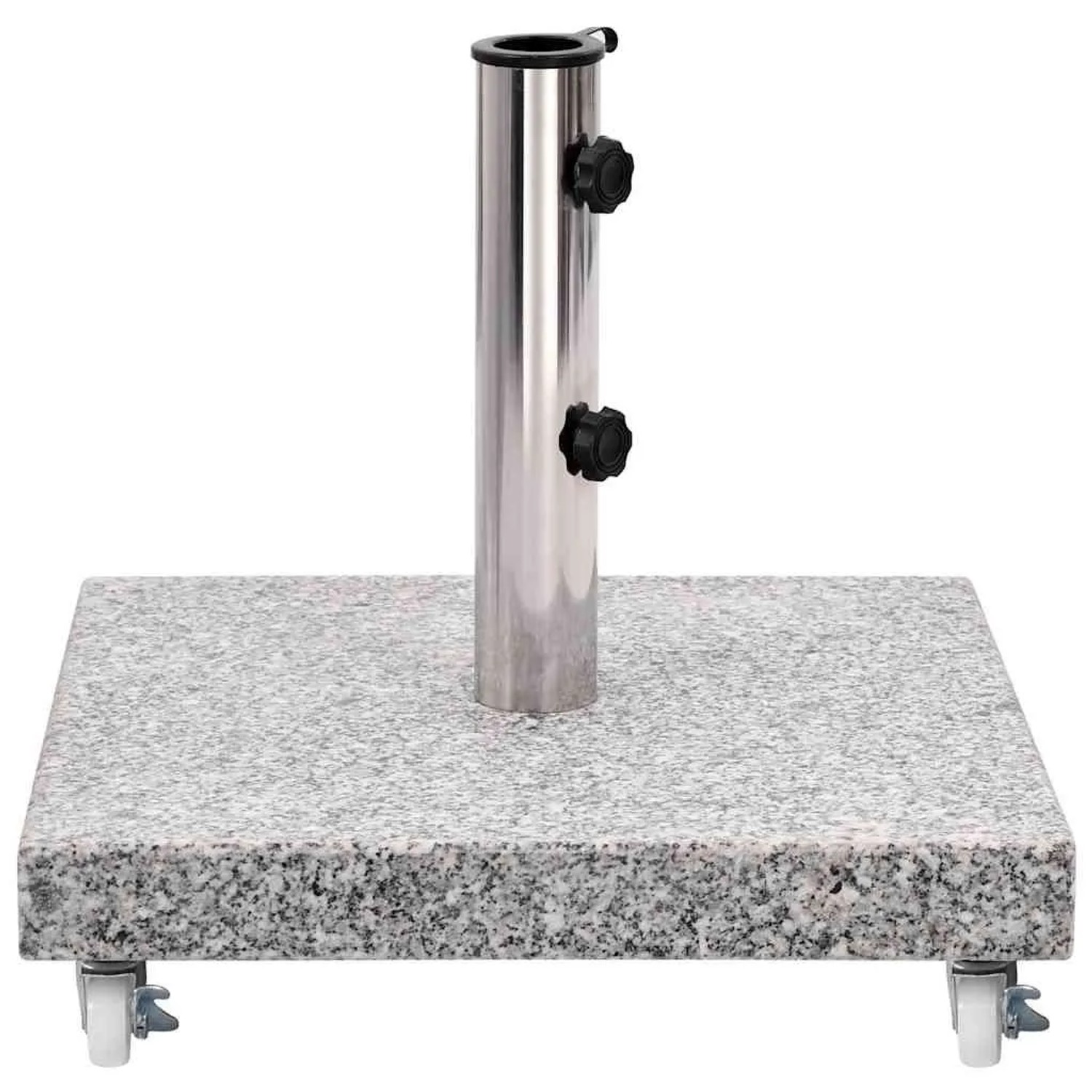 Grauer, quadratischer Sonnenschirmständer aus Granit mit Edelstahlrohr und Rollen.
