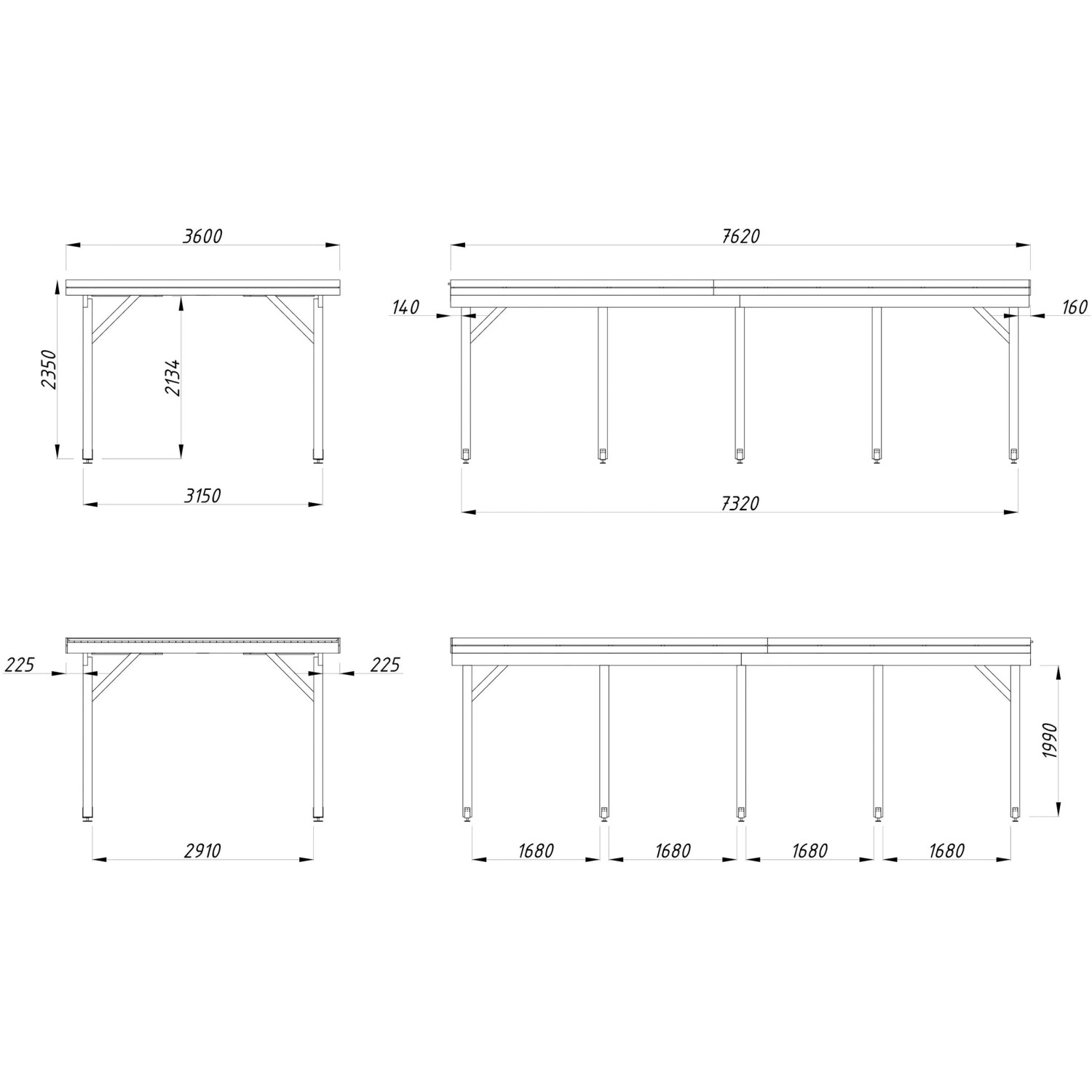 Technische Zeichnung Palmako Einzelcarport Karl, Maße: 360x762cm, grau, tauchgrundiert.