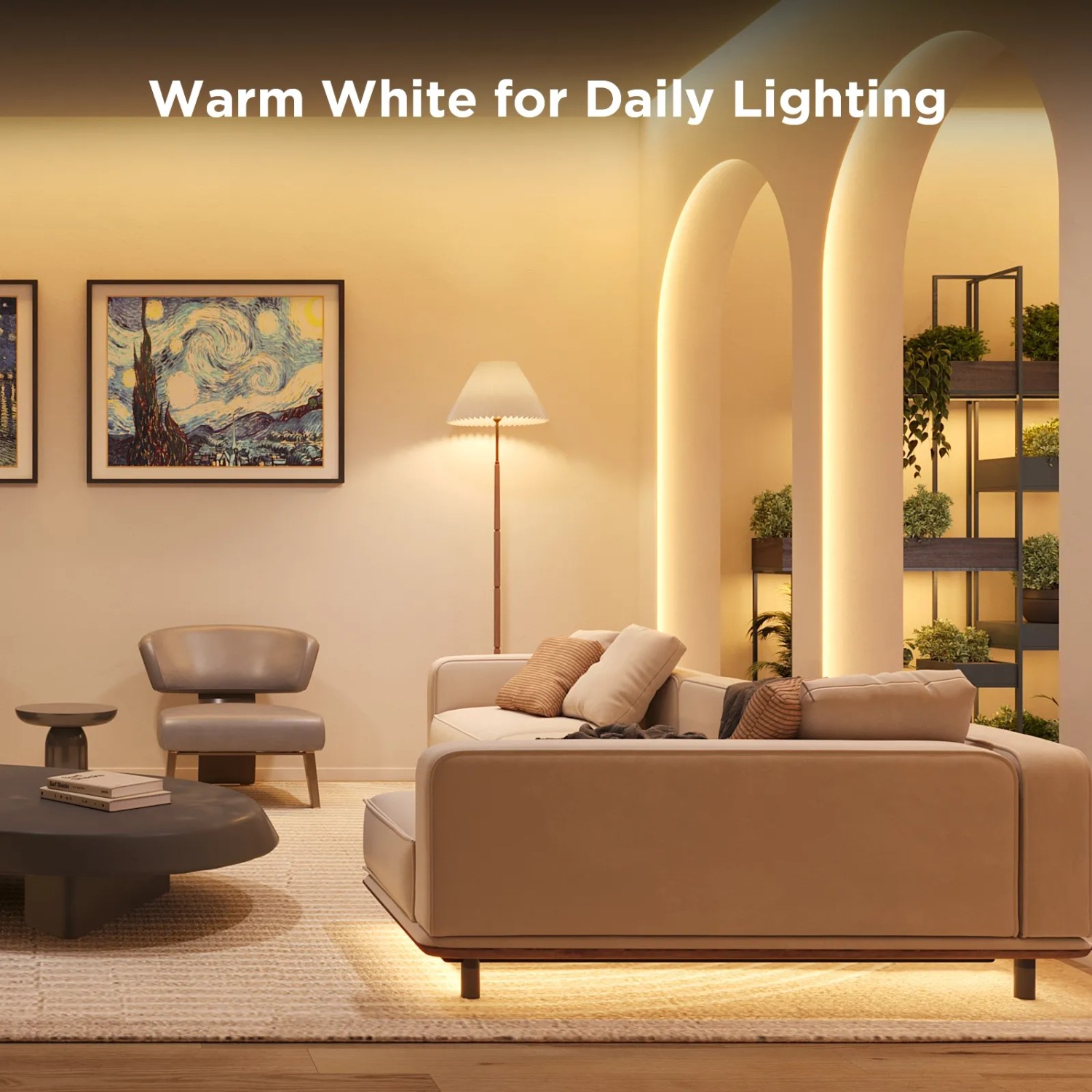 Govee LED-Leuchtband 3m im Wohnzimmer mit warmweisem Licht unter Sofa und in Nischen.