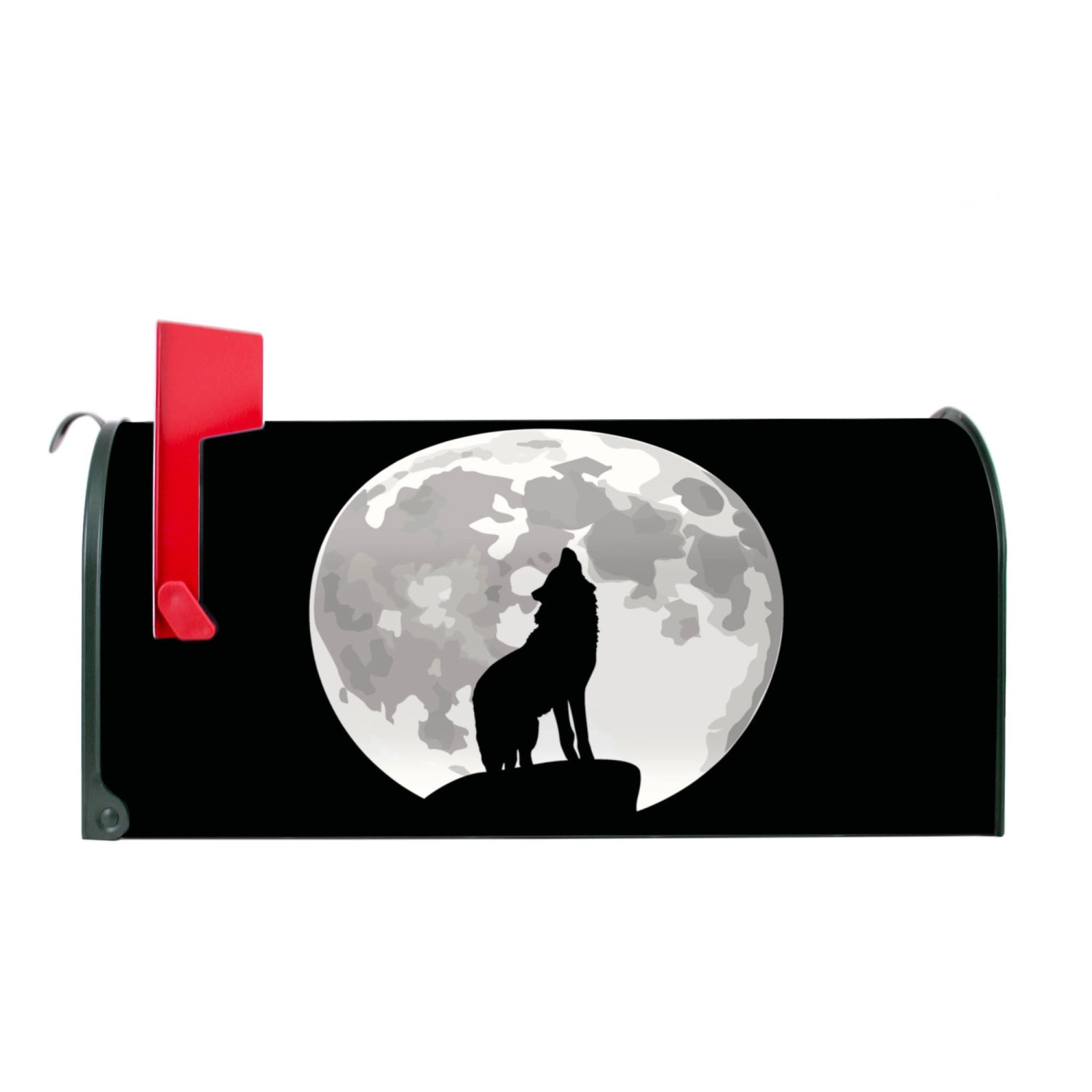 Grüner Banjado US Briefkasten mit Wolf Motiv und roter Fahne.