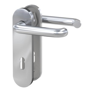 Basi Kurzschild-Garnitur aus Edelstahl für Innentüren mit Buntbart-Lochung.