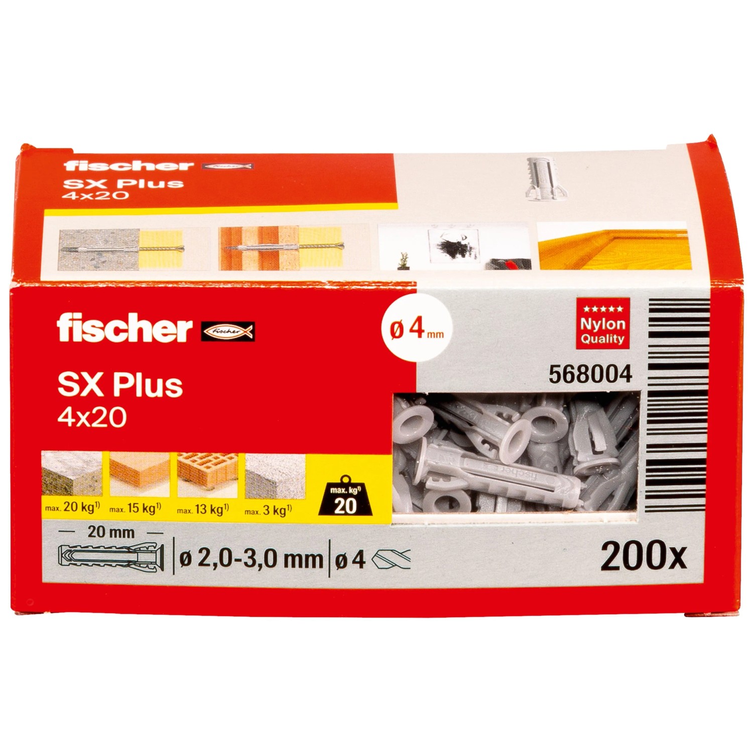 fischer Spreizdübel SX Plus 4x20, 200 Stück im Karton. Universaldübel für sicheren Halt in Vollbaustoffen.
